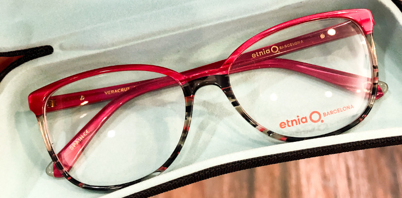 A pair of red Etnia Barcelona eyeglasses with red and grey striped detailing on the lower half of the frame in a glasses case.