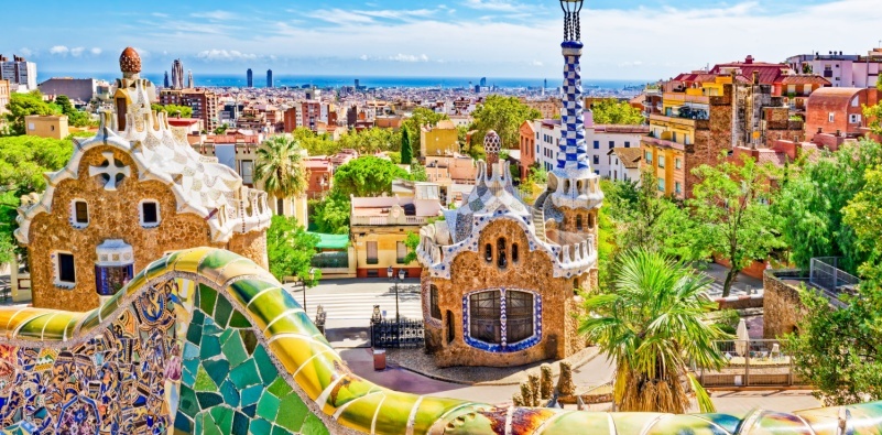 A landscape image of the colorful, Park Guel in Barcelona.