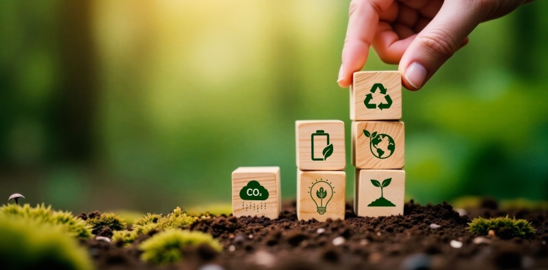 A hand placing a wooden block on top of a stack of wooden blocks featuring sustainability symbols, outside in nature.